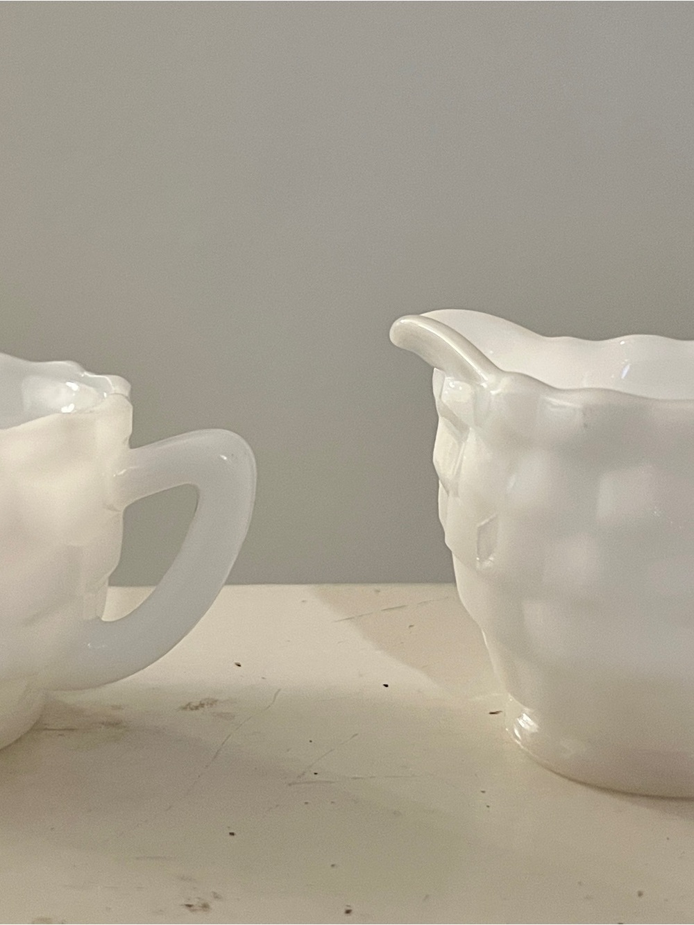 Vintage Jeannette Glass "Cubist" White Milk Glass Cream and Sugar Set - 1930s